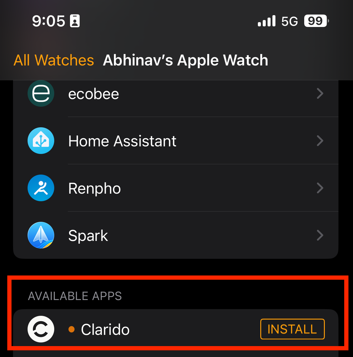Clarido shown in the Apple Watch app list on iPhone